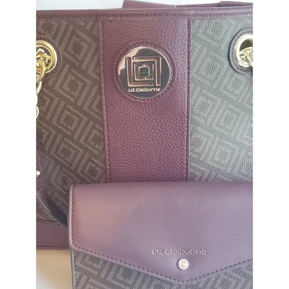 Liz Claiborne Signature Logo Handbag & Wallet Large Burgundy & Brown Purse Tote - Picture 6 of 16